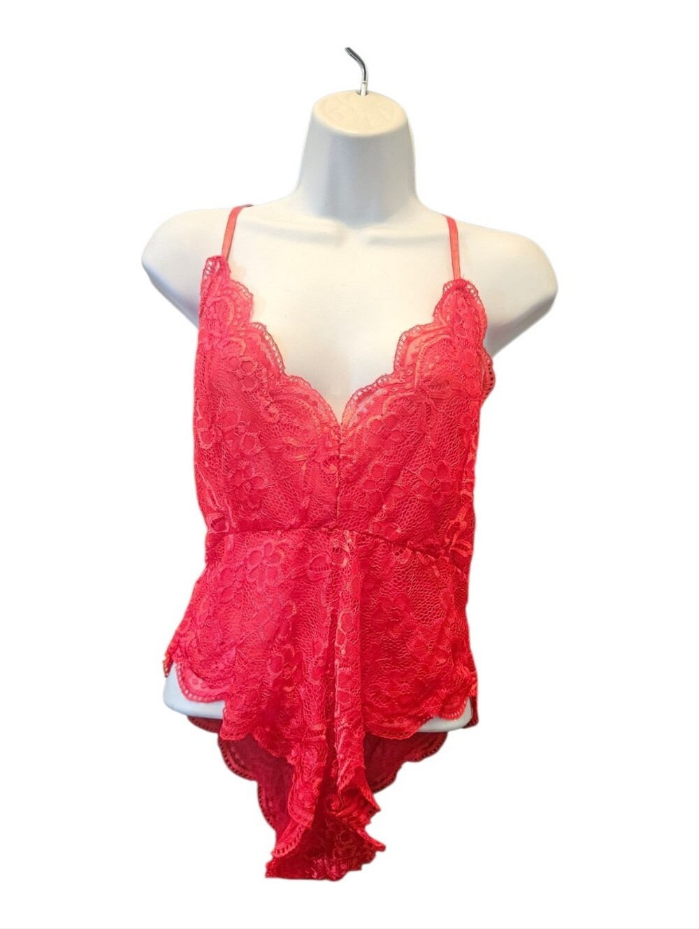 New Even Red Stretch Lace Criss Cross Back Sheer Teddy Lingerie Bodysuit Size L